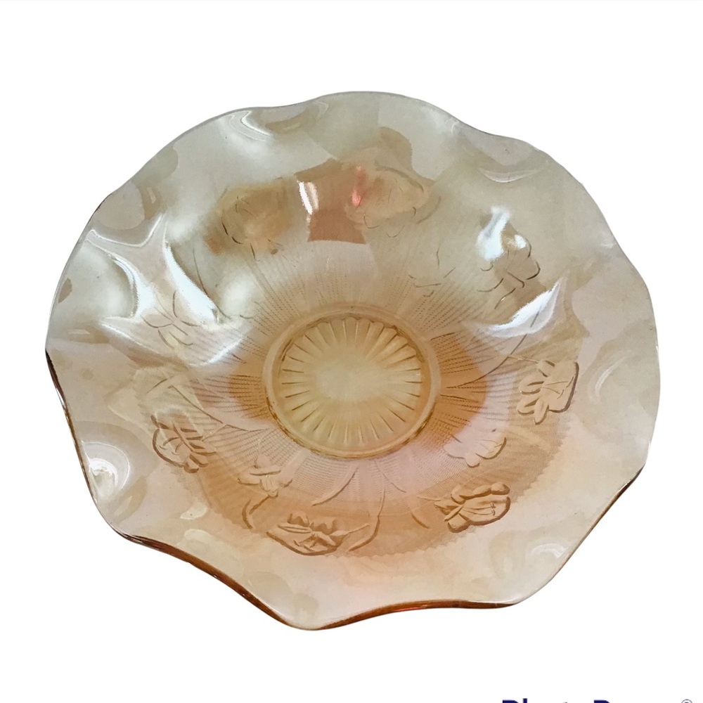 Vintage Mid-Century Modern Jeannette Iris flowers Iridescent glass fluted bowl